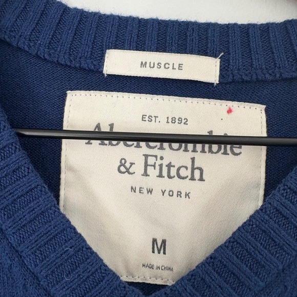 Y2K Abercrombie & Fitch Men M Muscle Sweater Blue Cotton Cashmere V Neck Preppy - Picture 3 of 7